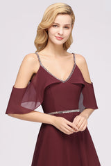 Burgundy Cold-shoulder Long Bridesmaid Dress With Half Sleeve-Babyonlines