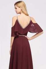 Burgundy Cold-shoulder Long Bridesmaid Dress With Half Sleeve-Babyonlines