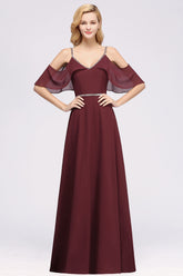 Burgundy Cold-shoulder Long Bridesmaid Dress With Half Sleeve-Babyonlines