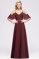 Burgundy Cold-shoulder Long Bridesmaid Dress With Half Sleeve-Babyonlines