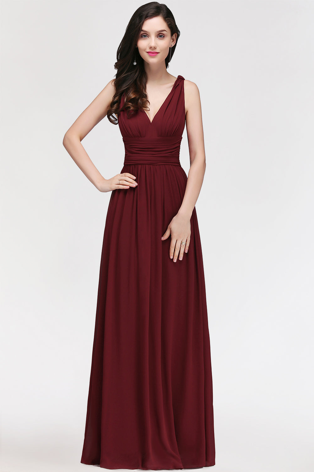 Burgundy Long V-Neck Sleeveless Chiffon Bridesmaid Dress Online-Babyonlines