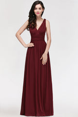 Burgundy Long V-Neck Sleeveless Chiffon Bridesmaid Dress Online-Babyonlines