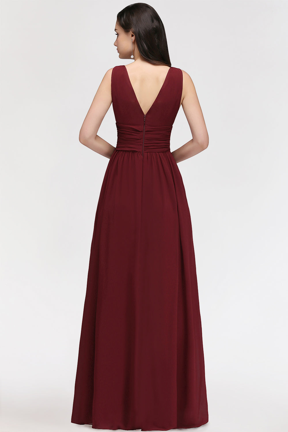Burgundy Long V-Neck Sleeveless Chiffon Bridesmaid Dress Online-Babyonlines