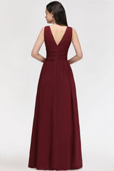 Burgundy Long V-Neck Sleeveless Chiffon Bridesmaid Dress Online-Babyonlines