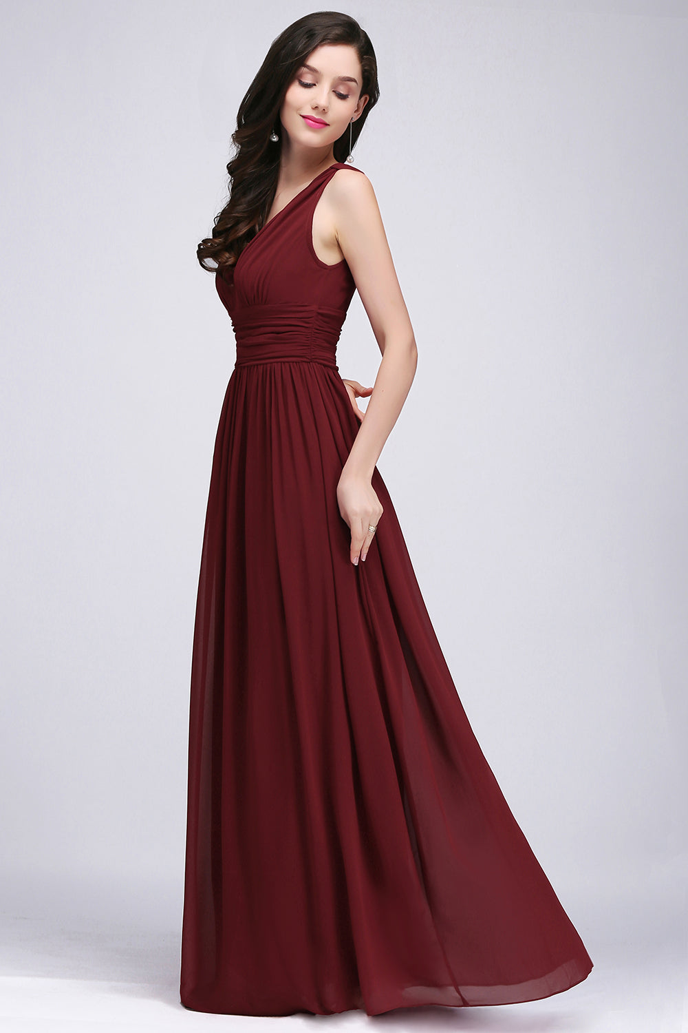 Burgundy Long V-Neck Sleeveless Chiffon Bridesmaid Dress Online-Babyonlines