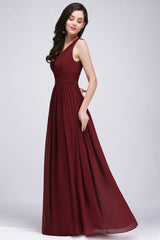 Burgundy Long V-Neck Sleeveless Chiffon Bridesmaid Dress Online-Babyonlines