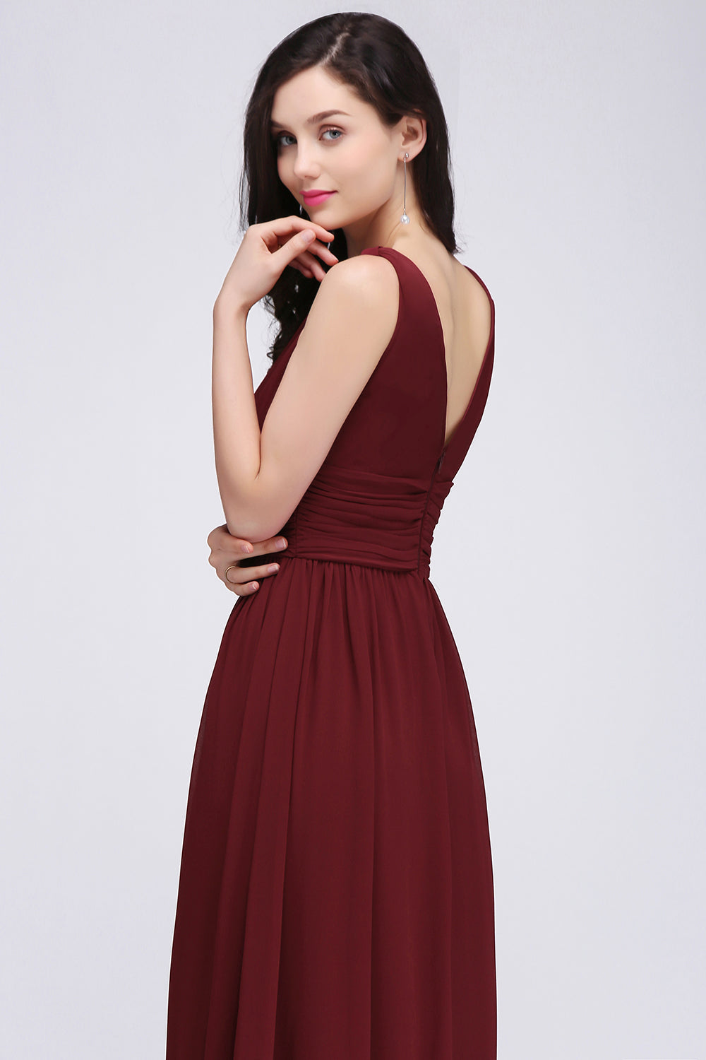 Burgundy Long V-Neck Sleeveless Chiffon Bridesmaid Dress Online-Babyonlines