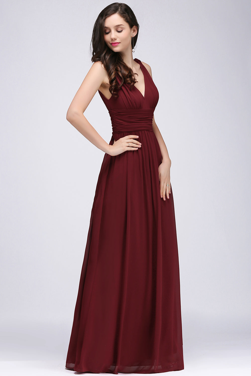 Burgundy Long V-Neck Sleeveless Chiffon Bridesmaid Dress Online-Babyonlines