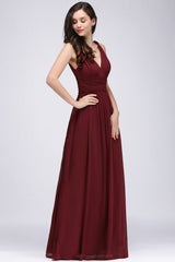 Burgundy Long V-Neck Sleeveless Chiffon Bridesmaid Dress Online-Babyonlines