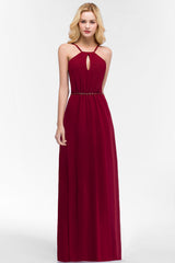Burgundy Spaghetti Straps Long Bridesmaid Dress with Beading Sash-Babyonlines