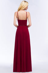 Burgundy Spaghetti Straps Long Bridesmaid Dress with Beading Sash-Babyonlines