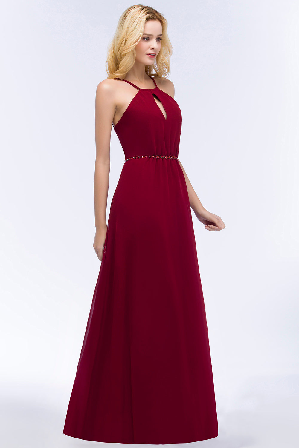 Burgundy Spaghetti Straps Long Bridesmaid Dress with Beading Sash-Babyonlines