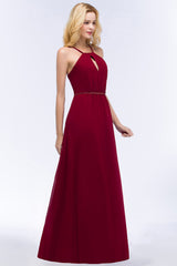 Burgundy Spaghetti Straps Long Bridesmaid Dress with Beading Sash-Babyonlines