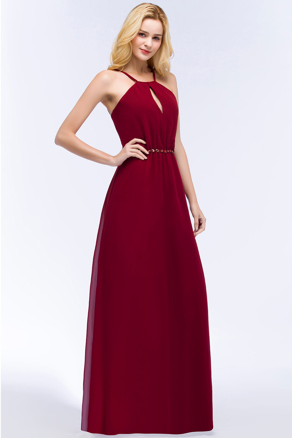 Burgundy Spaghetti Straps Long Bridesmaid Dress with Beading Sash-Babyonlines