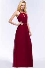 Burgundy Spaghetti Straps Long Bridesmaid Dress with Beading Sash-Babyonlines