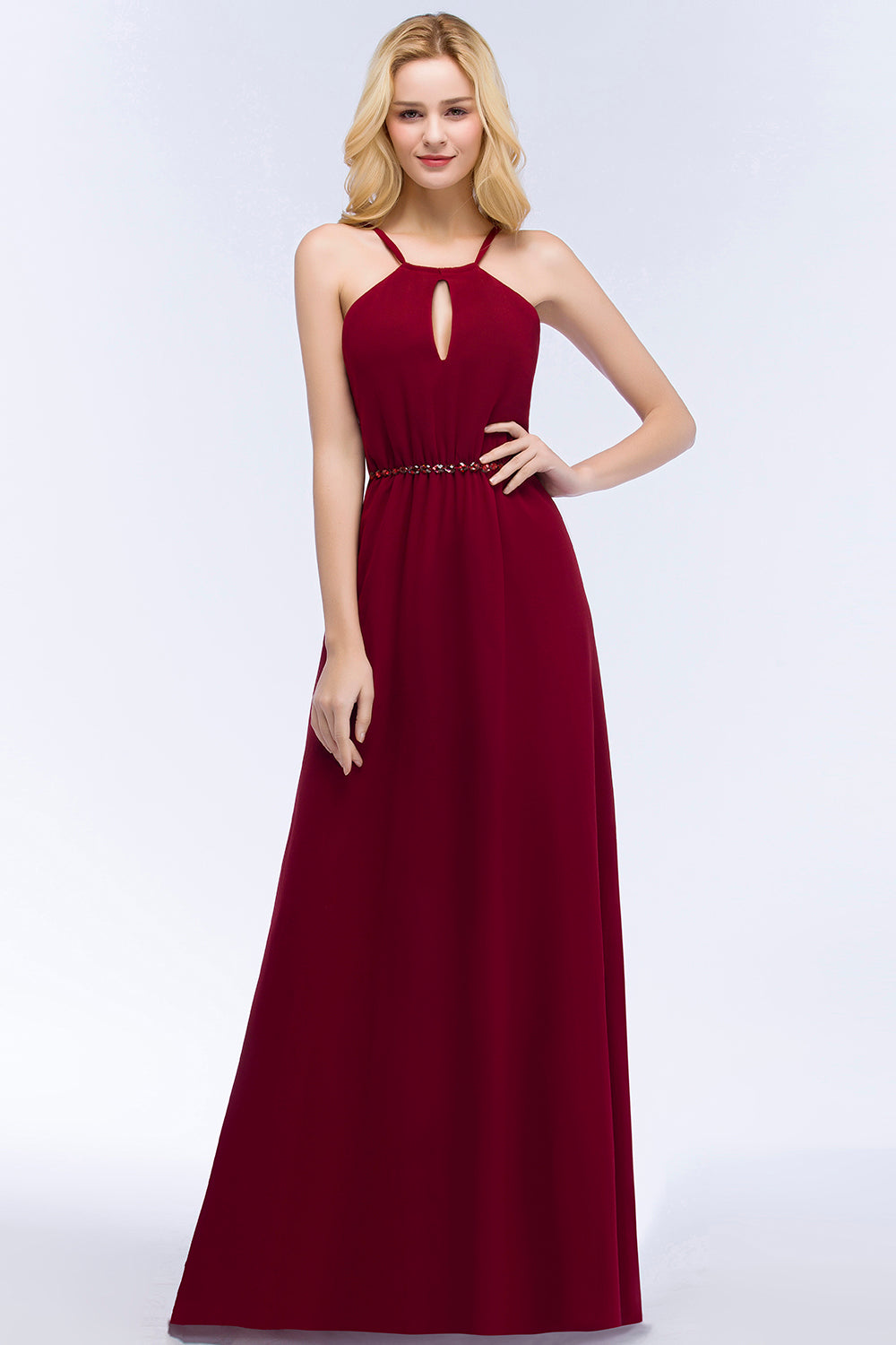 Burgundy Spaghetti Straps Long Bridesmaid Dress with Beading Sash-Babyonlines