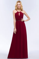 Burgundy Spaghetti Straps Long Bridesmaid Dress with Beading Sash-Babyonlines