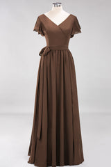 Burgundy V-Neck Long Bridesmaid Dress With Short-Sleeves-Babyonlines