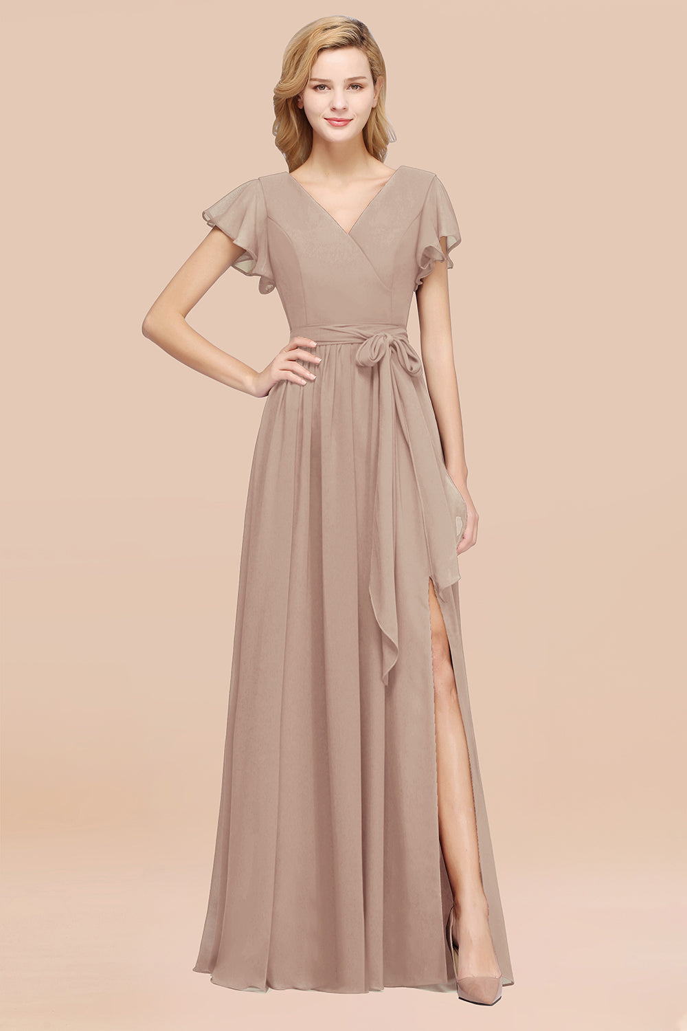 Burgundy V-Neck Long Bridesmaid Dress With Short-Sleeves-Babyonlines