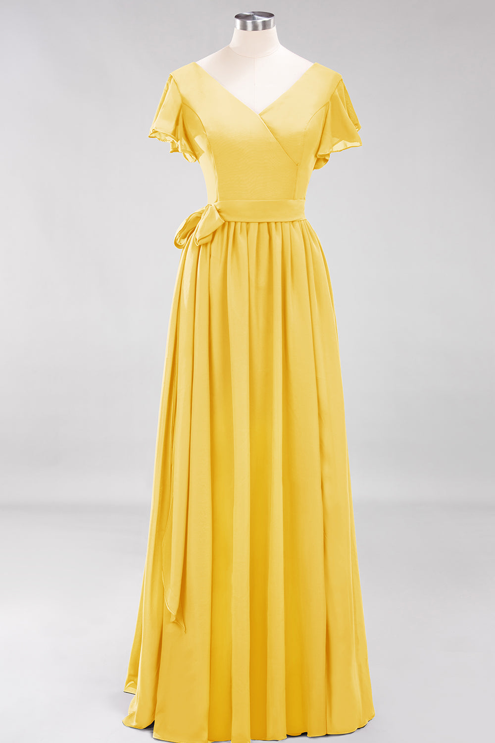 Burgundy V-Neck Long Bridesmaid Dress With Short-Sleeves-Babyonlines