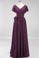Burgundy V-Neck Long Bridesmaid Dress With Short-Sleeves-Babyonlines