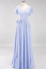 Burgundy V-Neck Long Bridesmaid Dress With Short-Sleeves-Babyonlines