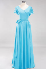 Burgundy V-Neck Long Bridesmaid Dress With Short-Sleeves-Babyonlines