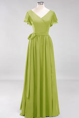 Burgundy V-Neck Long Bridesmaid Dress With Short-Sleeves-Babyonlines