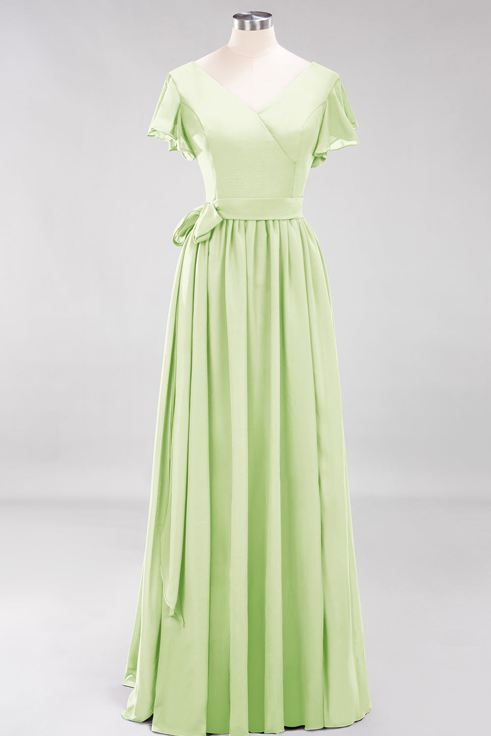 Burgundy V-Neck Long Bridesmaid Dress With Short-Sleeves-Babyonlines