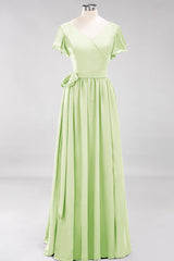 Burgundy V-Neck Long Bridesmaid Dress With Short-Sleeves-Babyonlines