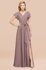 Burgundy V-Neck Long Bridesmaid Dress With Short-Sleeves-Babyonlines