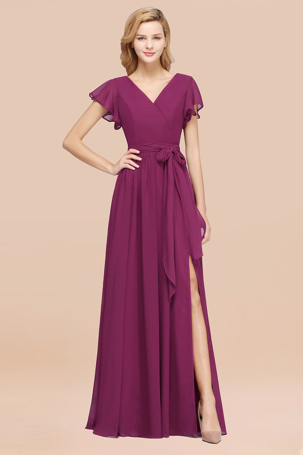 Burgundy V-Neck Long Bridesmaid Dress With Short-Sleeves-Babyonlines