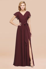 Burgundy V-Neck Long Bridesmaid Dress With Short-Sleeves-Babyonlines