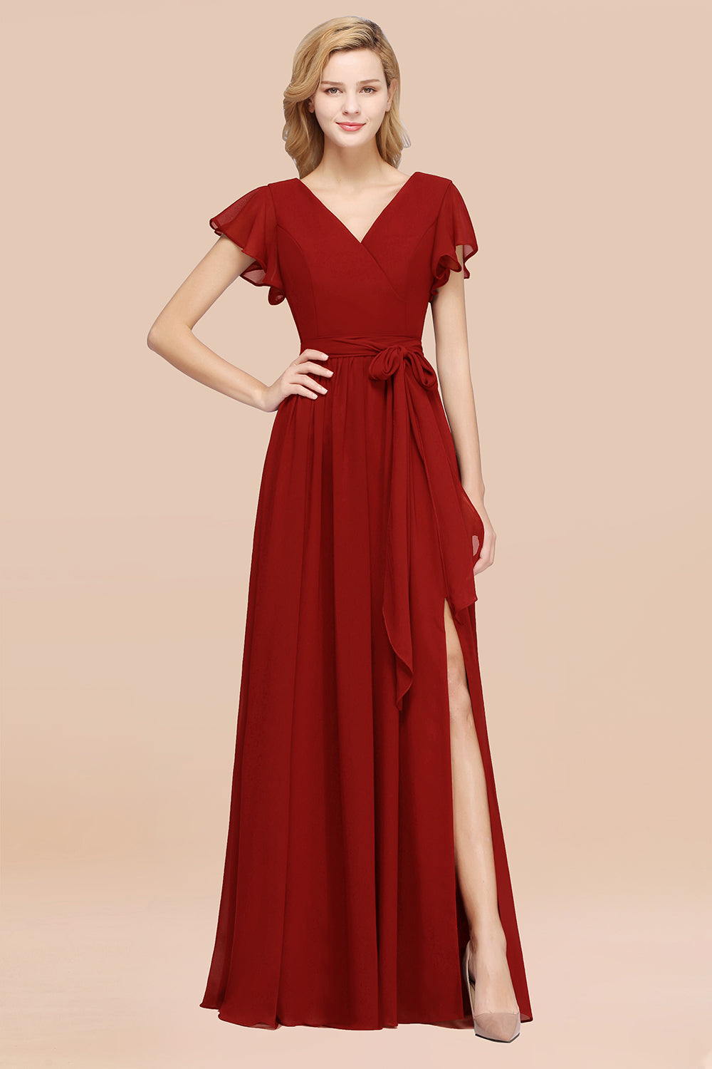 Burgundy V-Neck Long Bridesmaid Dress With Short-Sleeves-Babyonlines
