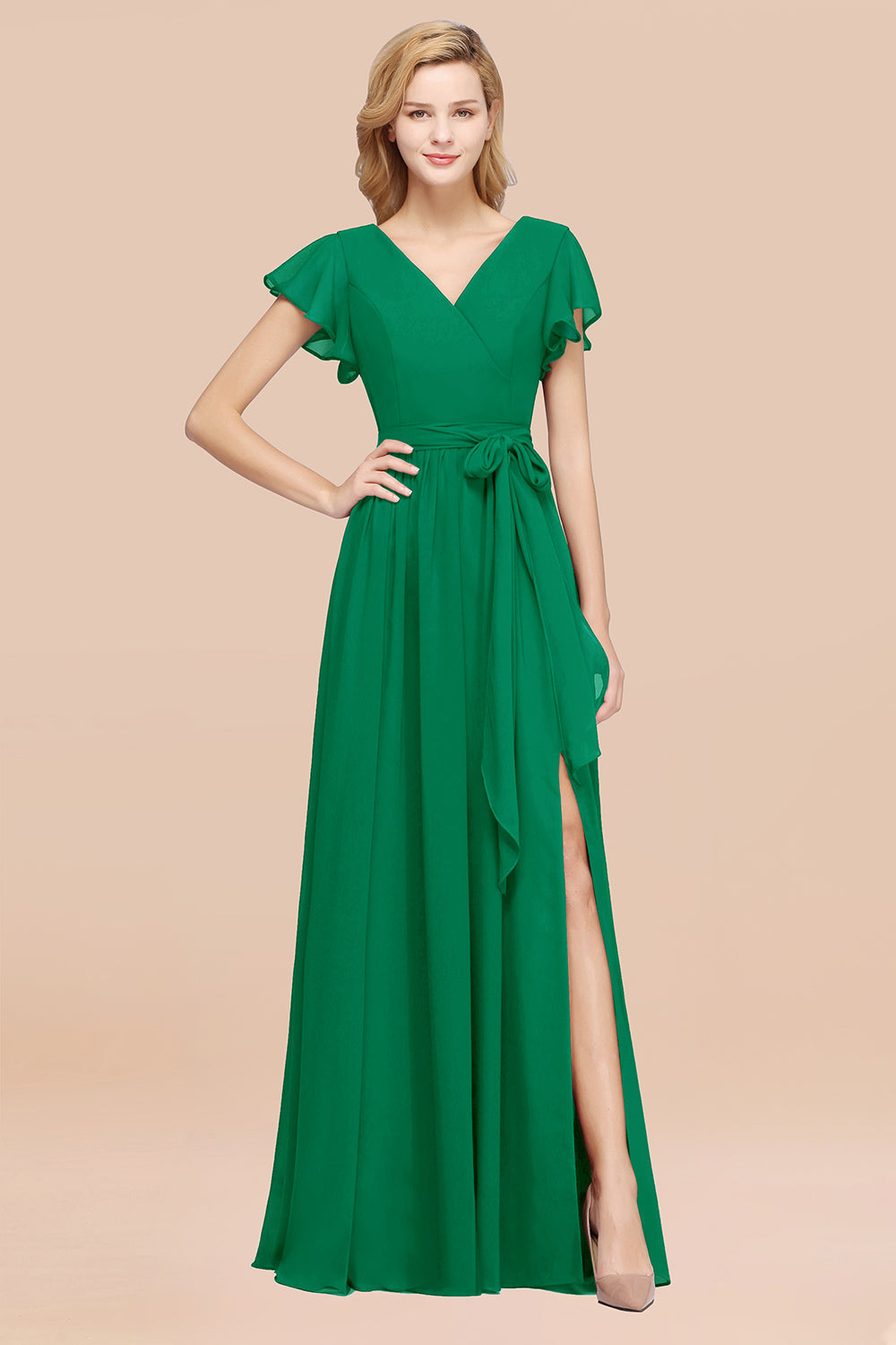 Burgundy V-Neck Long Bridesmaid Dress With Short-Sleeves-Babyonlines