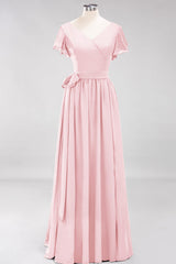 Burgundy V-Neck Long Bridesmaid Dress With Short-Sleeves-Babyonlines