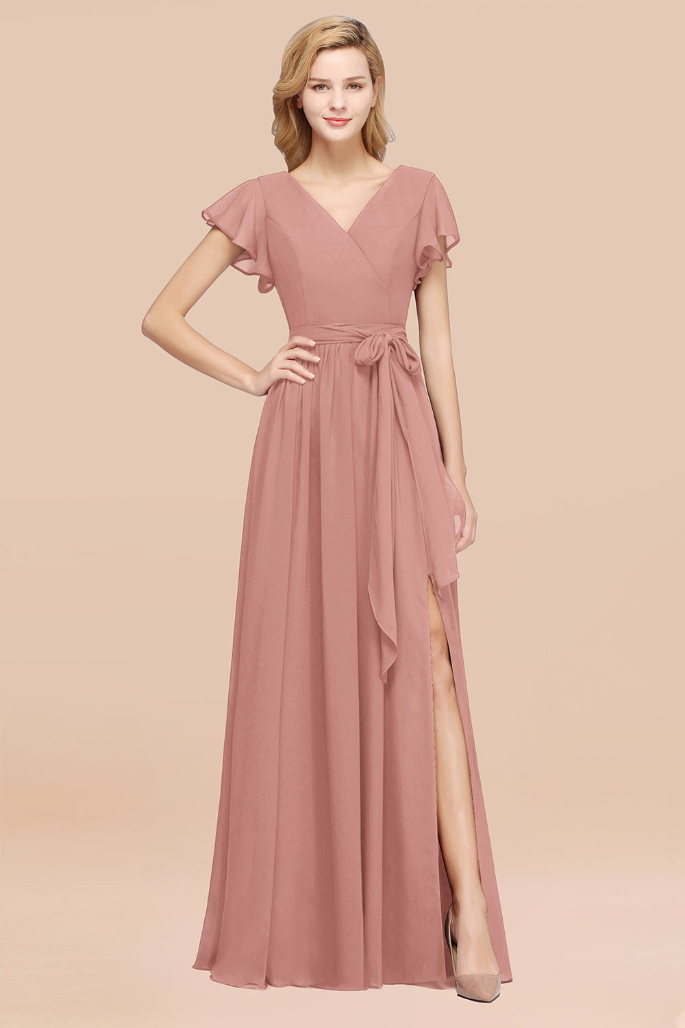 Burgundy V-Neck Long Bridesmaid Dress With Short-Sleeves-Babyonlines