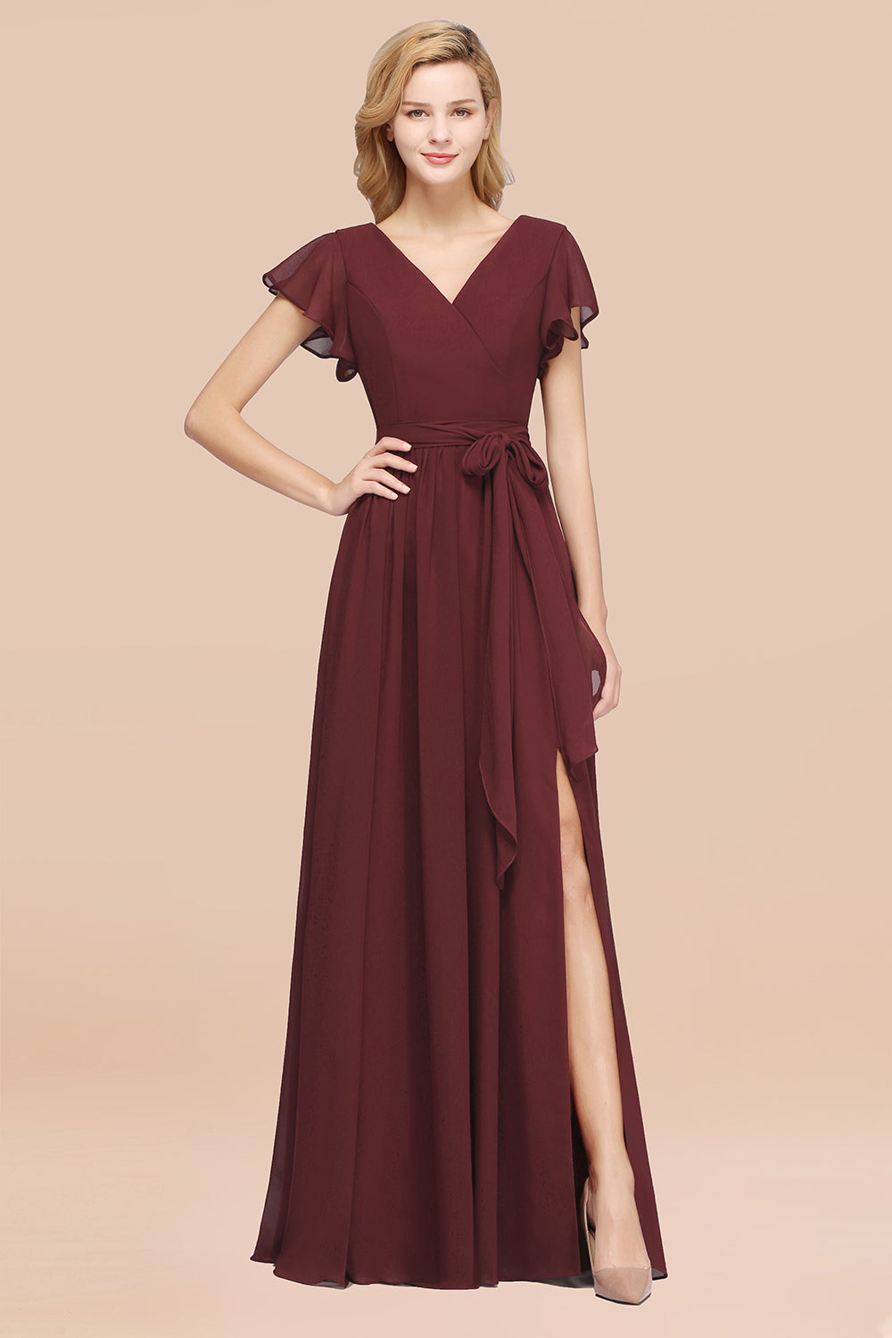 Burgundy V-Neck Long Bridesmaid Dress With Short-Sleeves-Babyonlines