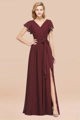 Burgundy V-Neck Long Bridesmaid Dress With Short-Sleeves-Babyonlines