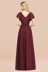 Burgundy V-Neck Long Bridesmaid Dress With Short-Sleeves-Babyonlines
