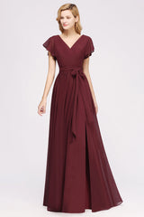 Burgundy V-Neck Long Bridesmaid Dress With Short-Sleeves-Babyonlines