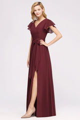 Burgundy V-Neck Long Bridesmaid Dress With Short-Sleeves-Babyonlines