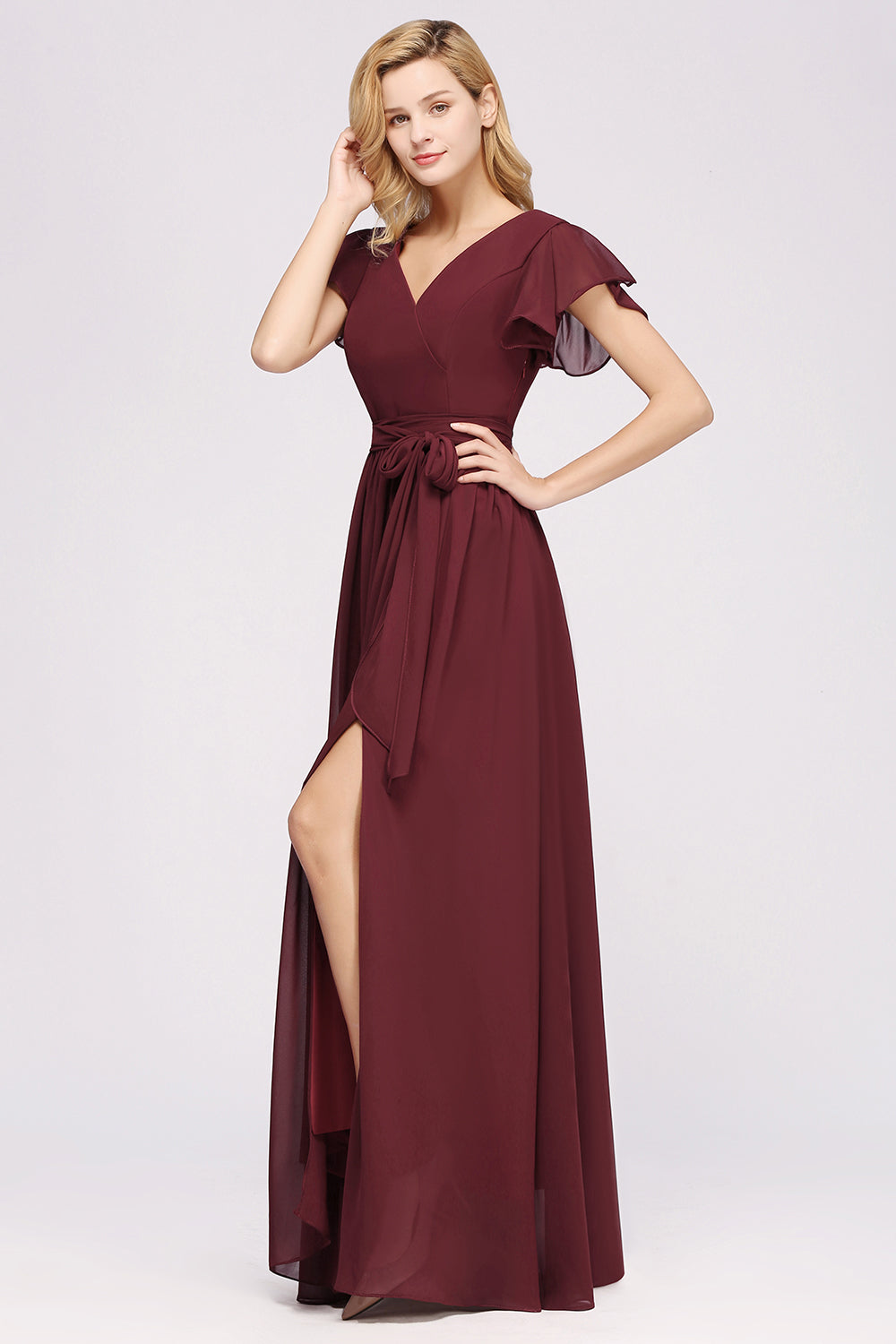 Burgundy V-Neck Long Bridesmaid Dress With Short-Sleeves-Babyonlines