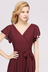 Burgundy V-Neck Long Bridesmaid Dress With Short-Sleeves-Babyonlines