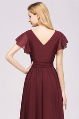 Burgundy V-Neck Long Bridesmaid Dress With Short-Sleeves-Babyonlines