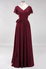 Burgundy V-Neck Long Bridesmaid Dress With Short-Sleeves-Babyonlines