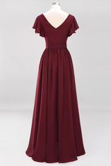Burgundy V-Neck Long Bridesmaid Dress With Short-Sleeves-Babyonlines