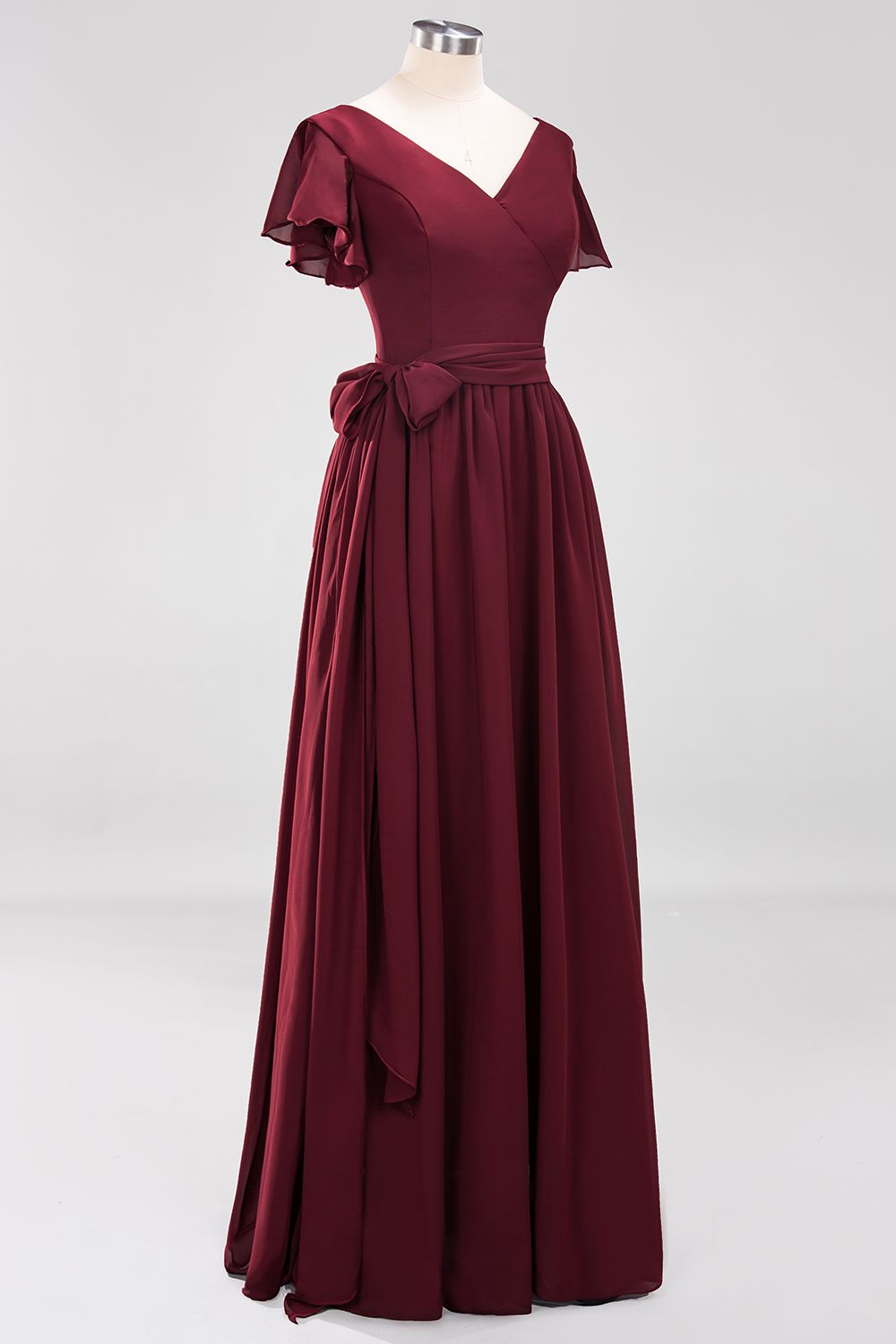 Burgundy V-Neck Long Bridesmaid Dress With Short-Sleeves-Babyonlines