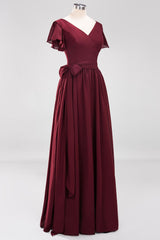 Burgundy V-Neck Long Bridesmaid Dress With Short-Sleeves-Babyonlines