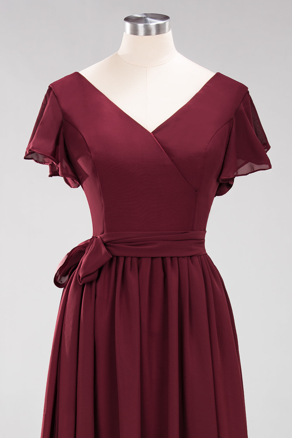 Burgundy V-Neck Long Bridesmaid Dress With Short-Sleeves-Babyonlines